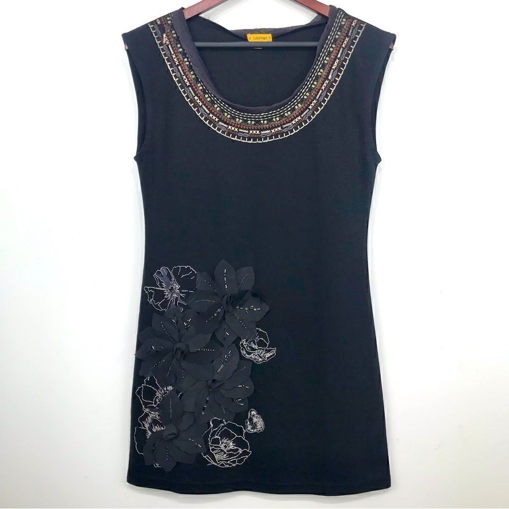 Lulumari Black 3D Floral Applique Bead Embroidered Sleeveless Sheath Dress